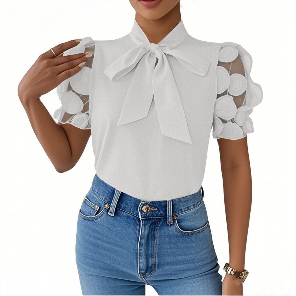 Damen Einfarbig zum Schnüren Schleife Kurzarm Hemd T-Shirt Top