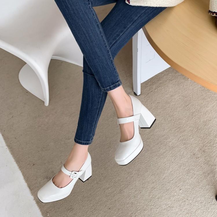 Women Pumps Thick High Heels Square Toe Mary Janes Buckle Party Concise Spring Autumn Shoes Black White Red Wine Red Be