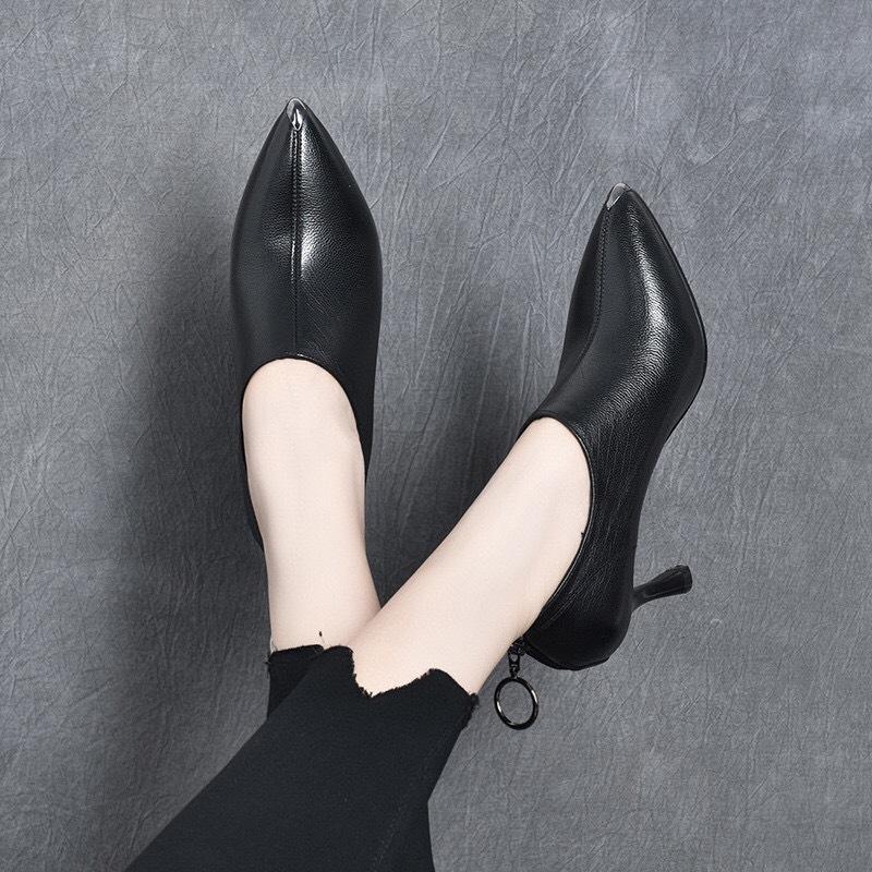 Pointed High-heeled Deep-mouth Single Shoes, Spring New First-layer Cowhide Iron-wrapped Pointed Rear Zipper Women's Shoes
