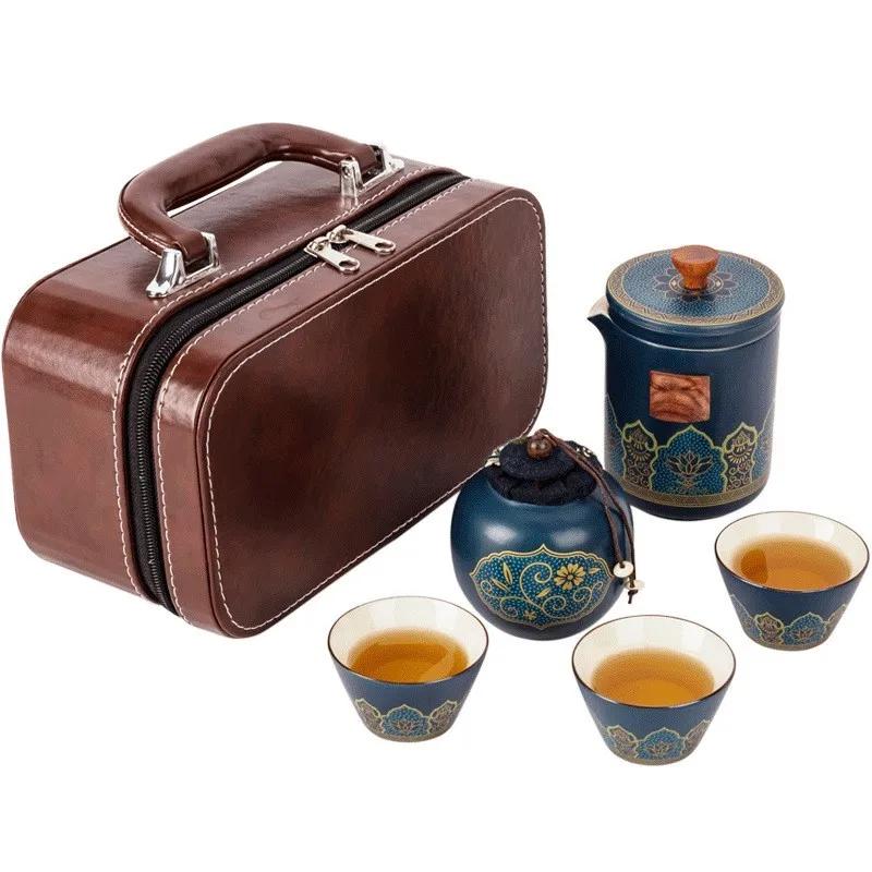 Ceramic Porcelain Kung Fu Tea Set Teaware Outdoor Travel Tea Set Tea Bag Anti-scalding One Pot Three Cups Teapot with Filter