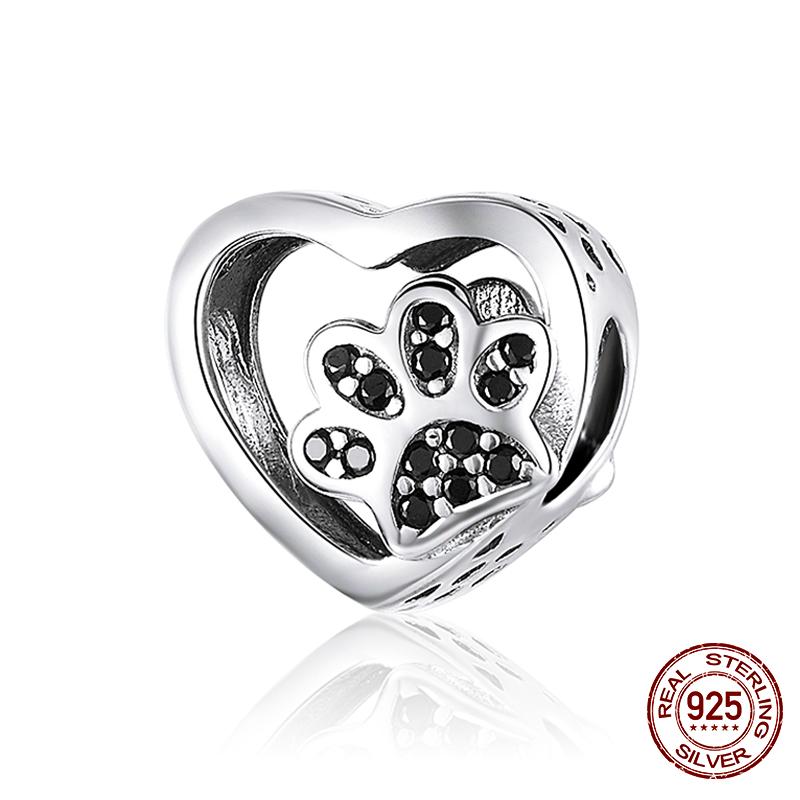 WOSTU 100% 925 Silver Cute Kitty Black Cat Charms Animal Bead for Women Fit DIY Bracelet Necklace Jewelry Gift