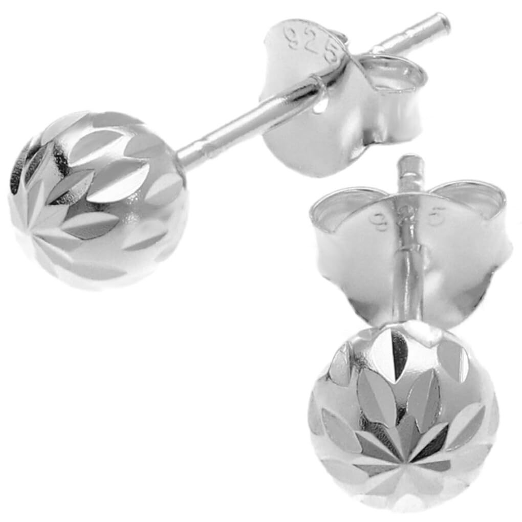 

[Shinjuku Gin no Kura] Cut Ball Earrings, 925 Sterling Silver, 5mm, 2-Piece Set, for Both Ears, Round Beads, Geometric Pattern, Simple Stud