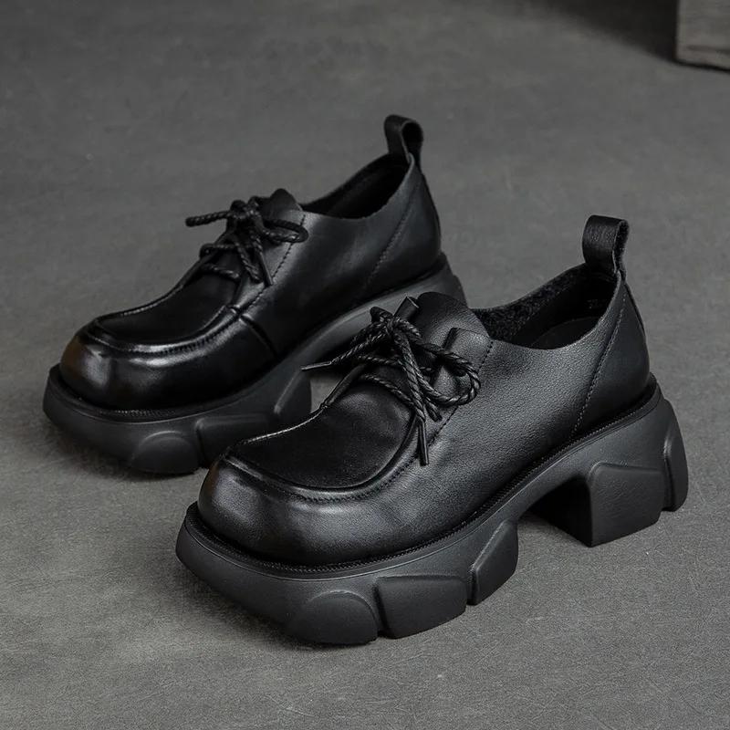 2026 Autumn New Genuine Leather Pumps Thick Sole Loafers Square Toe Lace Up Versatile Leisure Women's Shoes