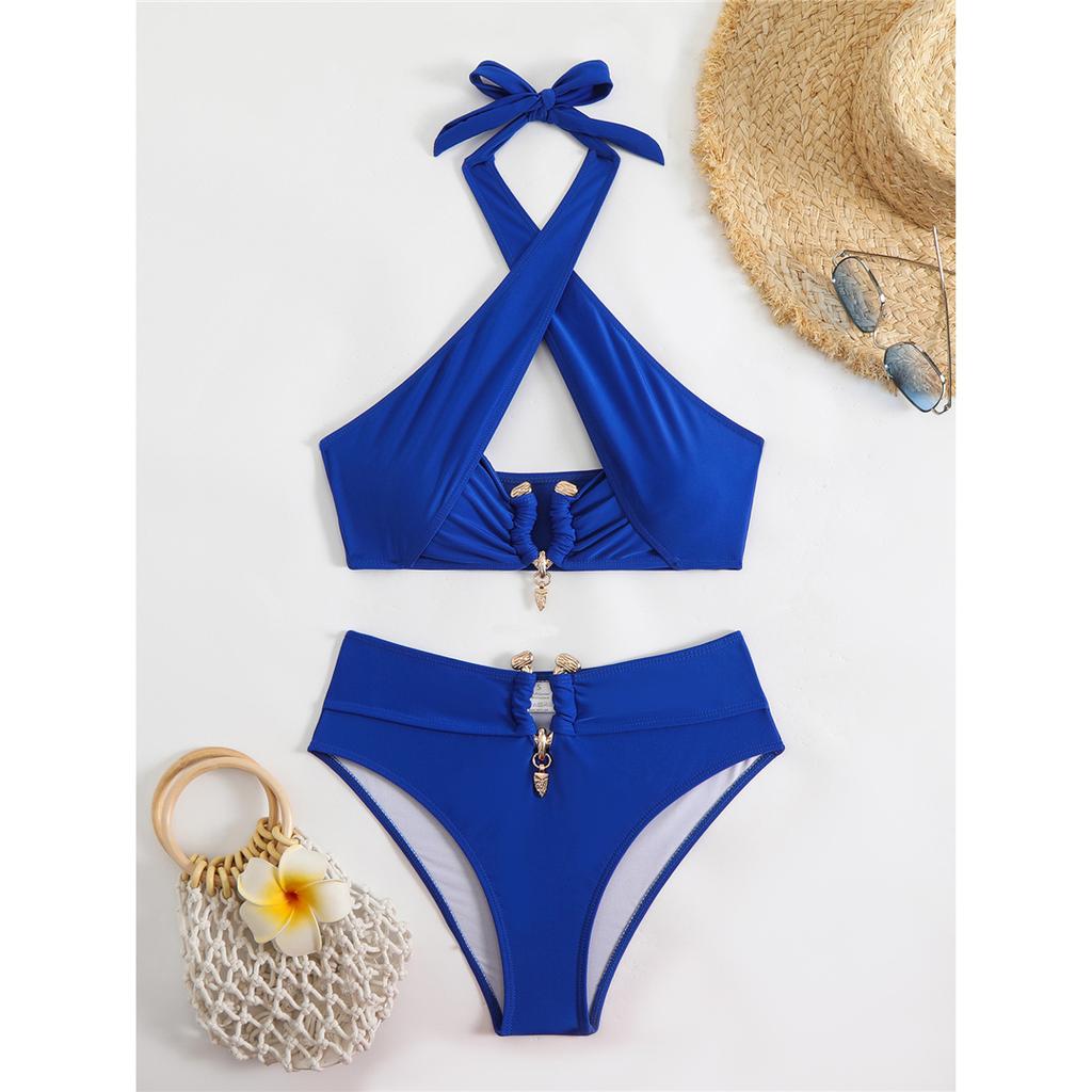2025 Halter Cut Out High Waist Bikini Female Swimsuit Women Swimwear Two-pieces Bikini Set Padded Bather Bathing Suit Swim V6256