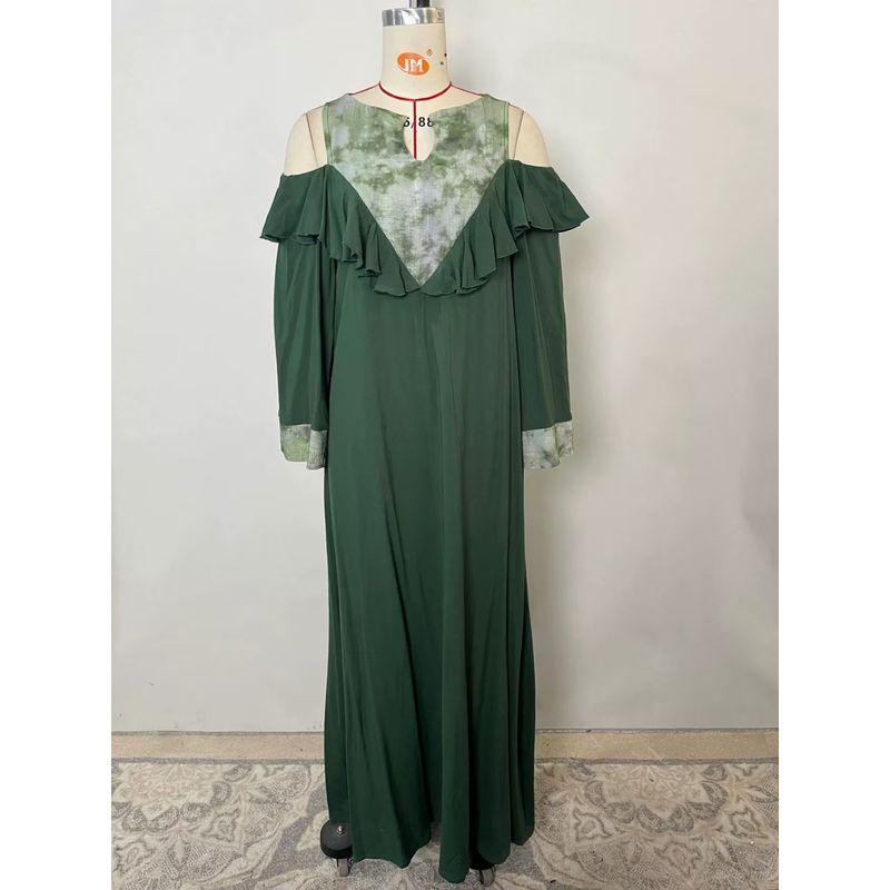 

New Arrival Middle East Dubai Fashion Print off Shoulder Robe Dress Ruffle Off Shoulder Dress Dark green 2XL
