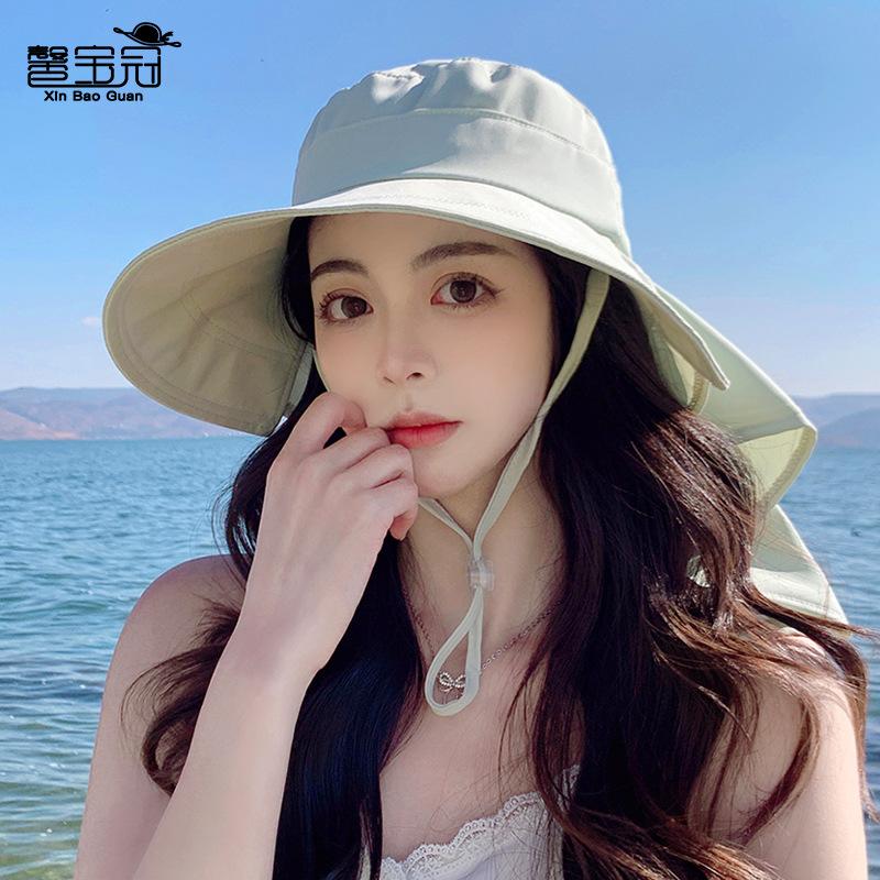8459 spring and summer outdoor sunscreen visor big brim shawl bucket hat fashion with ponytail hole hat women