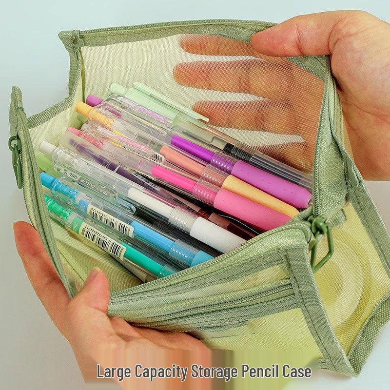 Dual-Layer Mesh Pencil Case: Large Capacity Stationery Bag for Exams and Elementary Students