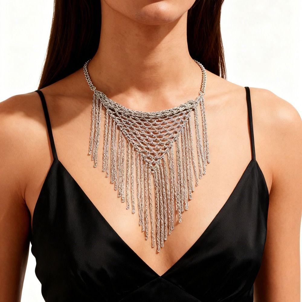 Charm Multi Layer Necklace Silver Metal Chain Mesh Choker Simple Bohemian Collarbone Chain  Women