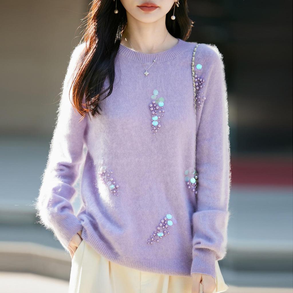 2026 Fall/Winter Women's Wool-Cashmere Beaded Round Neck Sweater