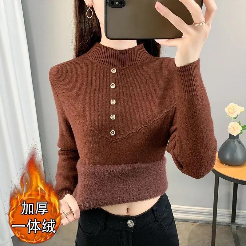 One-piece Velvet Warm Sweater Women's Autumn and Winter New Half Turtleneck Plus  Bottoming Shirt Top