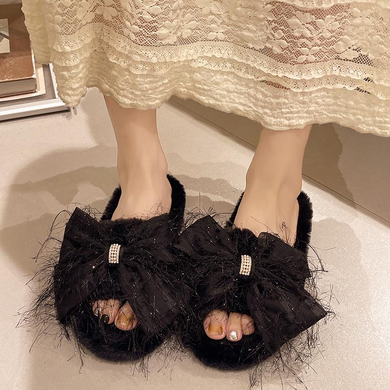 Fashion 2025 Autumn Winter Women Fashion Indoor Plush Bow Slippers Females New Lovely Bowknot Women Home Cute Warm Fluffy Light Shoes