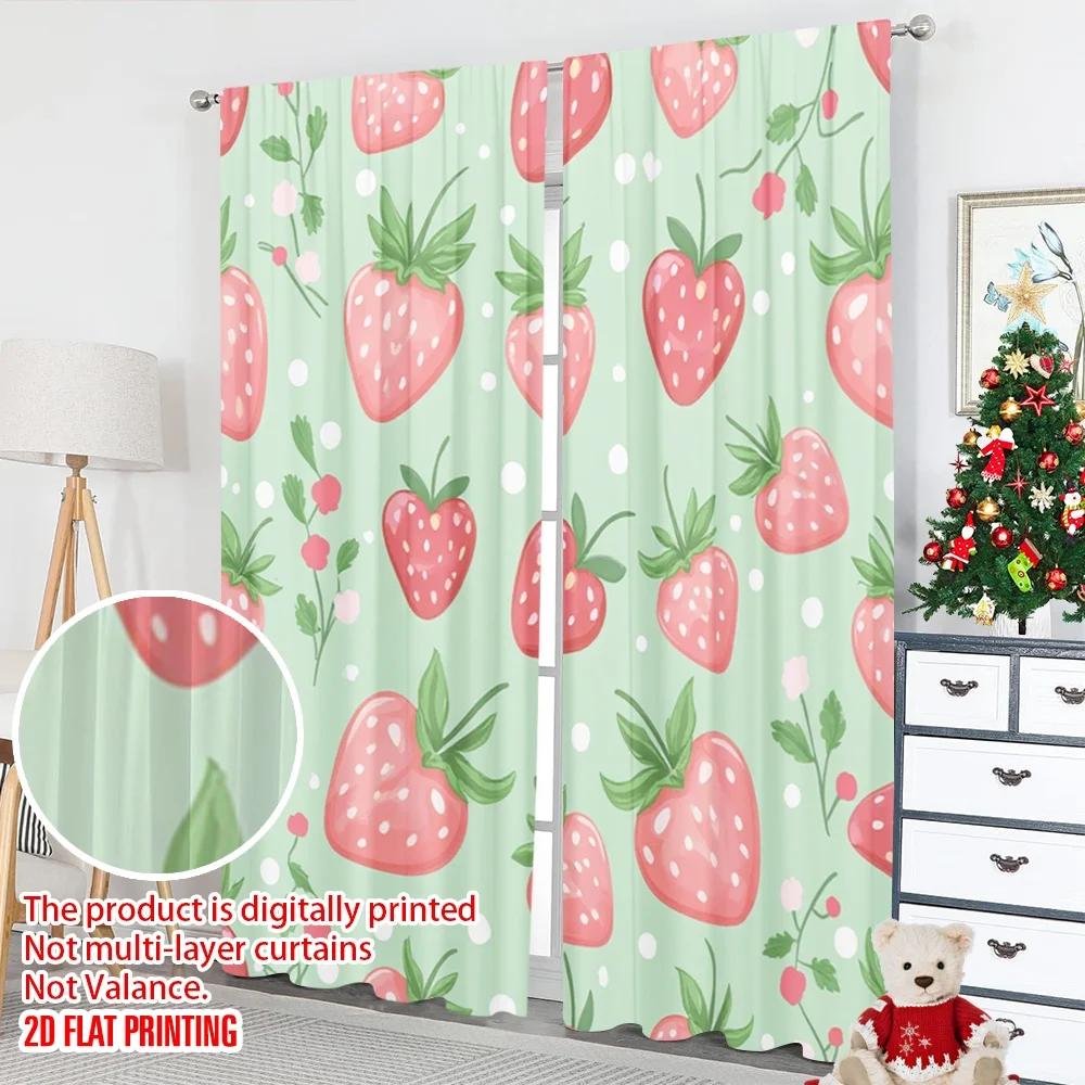 2pcs 2D Flat Printing Window Curta Strawberry Cute Kawaii Digital Printed Polyester Drapes Seasonal Party & Holiday Decor Use