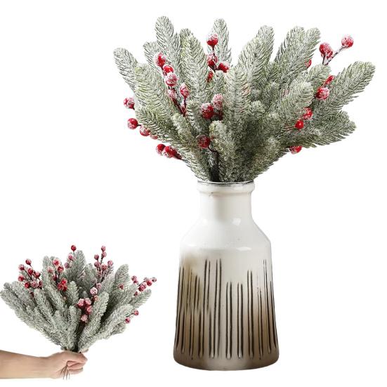 Yousheng 18 Stück Künstliche Verschneite Norfolkkiefer Zweige Rote Beeren Picks Künstlicher Zedernzweig Weihnachts-Stechpalmenbeeren Zweig DIY Vasenfüller Feiertagsdekoration