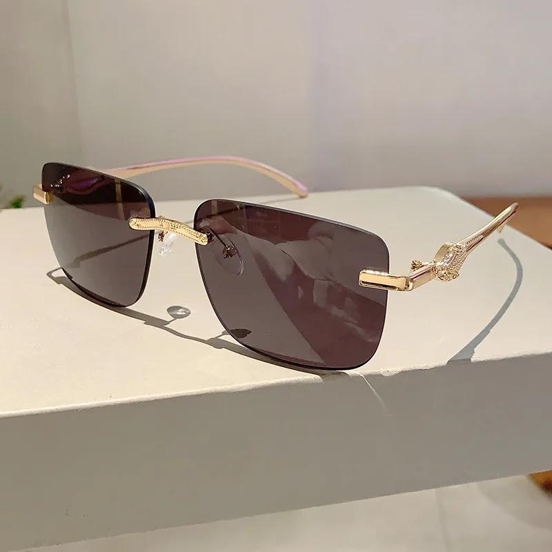 

New Luxury Brand Designer Vintage Rimless Square Sunglasses Women For Men Sun Glasses Trend Punk Popular Gold Leopard Shades