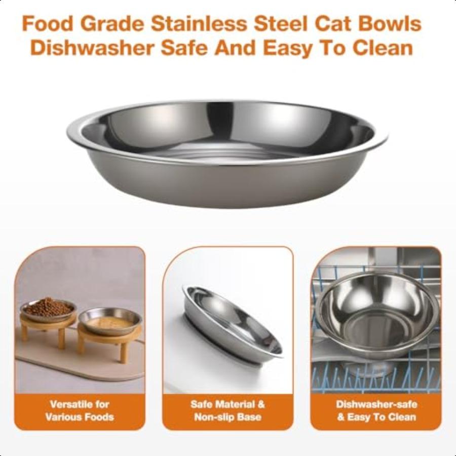 Elevated Cat Bowls with Food Mat6.3 Inches Shallow Raised Bowls Whisker Friendly 2 Stainl Steel Cat Food and Water Dishes for C