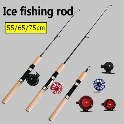 Canne à pêche sur glace télescopique 55/65/75 cm avec moulinet Portable Fibre de carbone Canne à pêche aux crevettes de rivière et à la carpe Canne à pêche d'hiver Hameçons