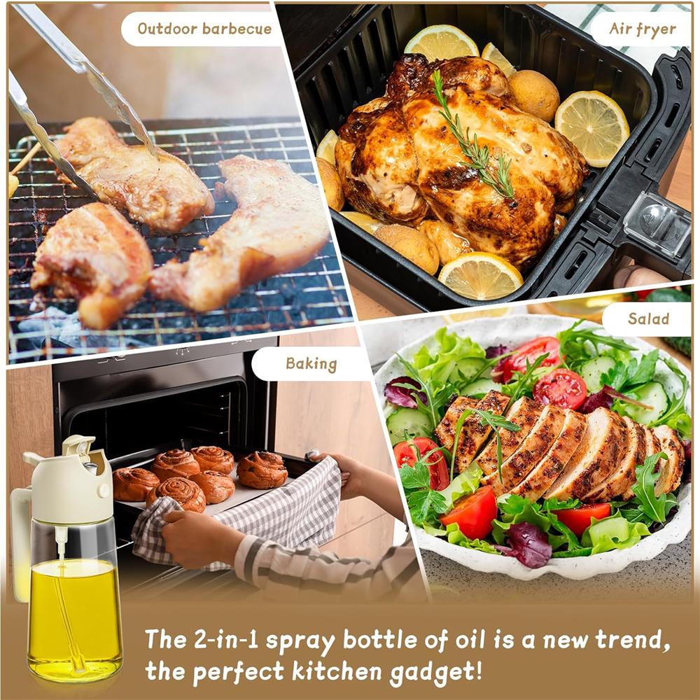 Oil Sprayer for Cooking 2 In 1,470ml Oil Dispenser Bottle Spray and Pour, Food-Grade Glass Oil Spray Bottle Mister Spritzer