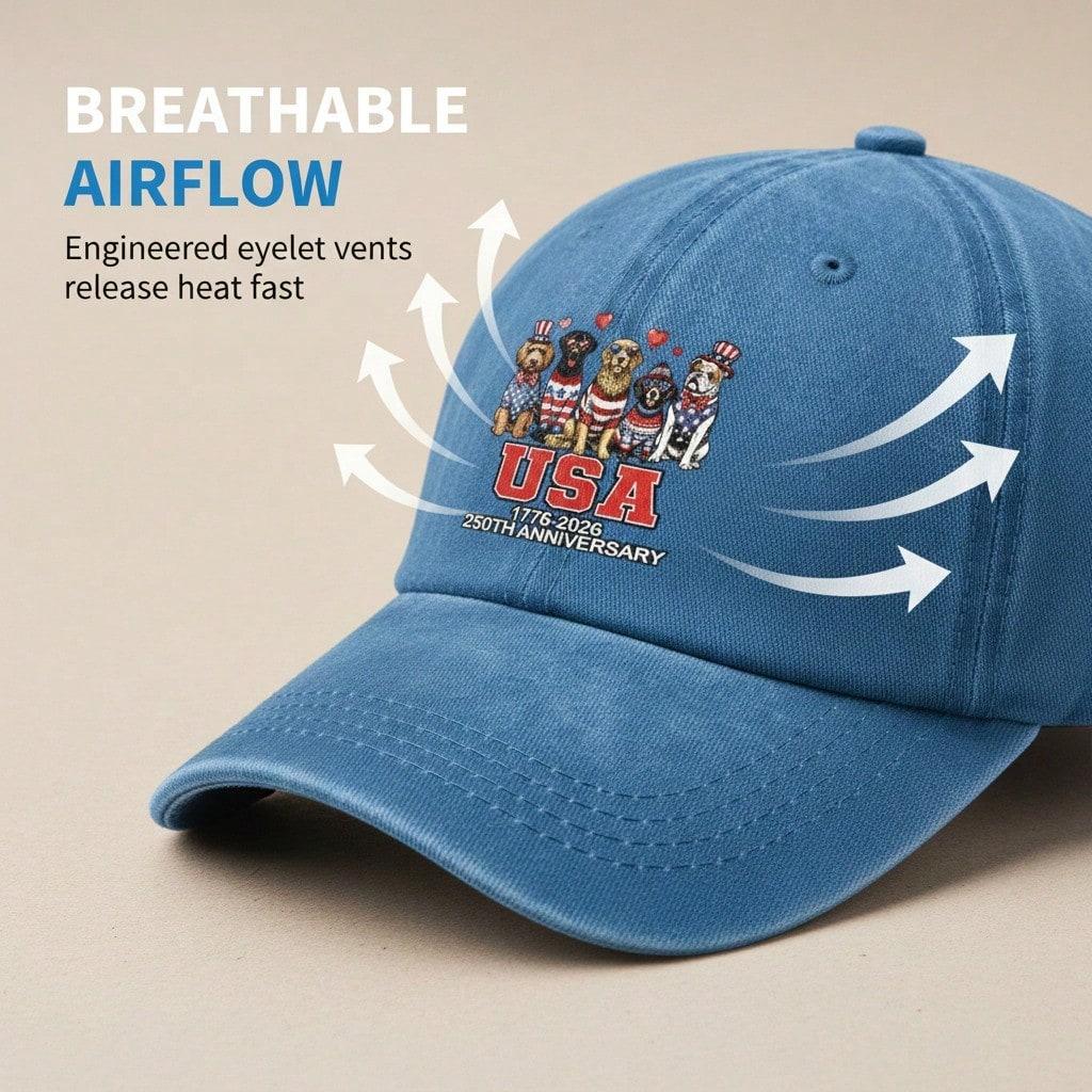 [USA Dog Print Baseball Cap] Vintage Washed Adjustable Hat Unisex Breathable Soft Polyester Casual Outdoor Sports For 250Th Anniversary Celebration