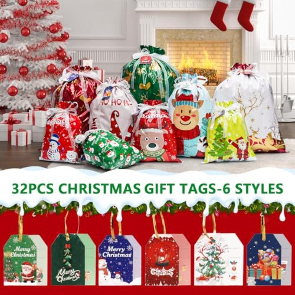 Christmas Drawstring Present Bags Set 30 Pcs With 32 Tags For Festive -Gifting Christmas Drawstring -Gift Bags Size For Holiday