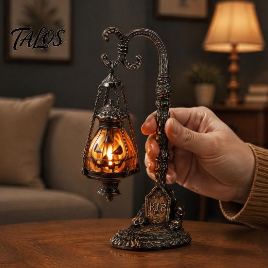 Espeluznante Adorno de Mesa de Resina Calavera Calabaza Gótica Soporte Linterna con Luz Cálida, Lámpara Decorativa de Escritorio Retro Decoración del Hogar, Luz de Atmósfera Curativa