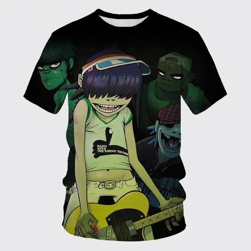 Summer Round Neck Gorillaz Band Graphic 3D Printed Casual Short Sleeved Children's Boy T-shirts - Medium Stretch Polyester Fabric Relaxed Fit Clothing