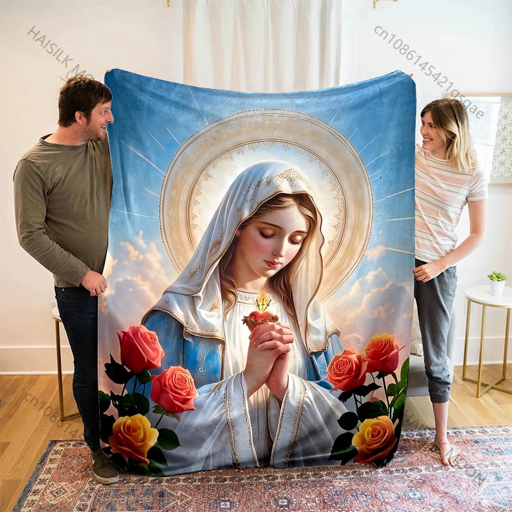 1PC Praying Virgin with Roses Print Blanket Warm Soft Fluffy Kids and Adult Sofa Bed Throw Blanket Outdoor Travel Camping RV