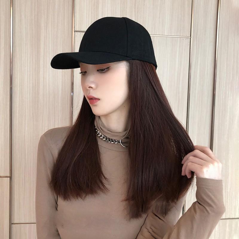 Black Hat Wig Women Long Straight Hair All-in-one Fashion Full Head Cover