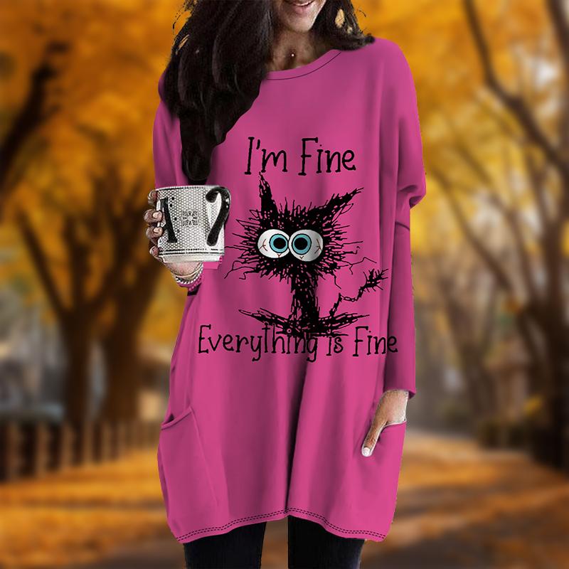 New In Autumn Melancholic Cat Print Plus Size Dress Women O'neck Long Sleeves Casual Pocket Dresses