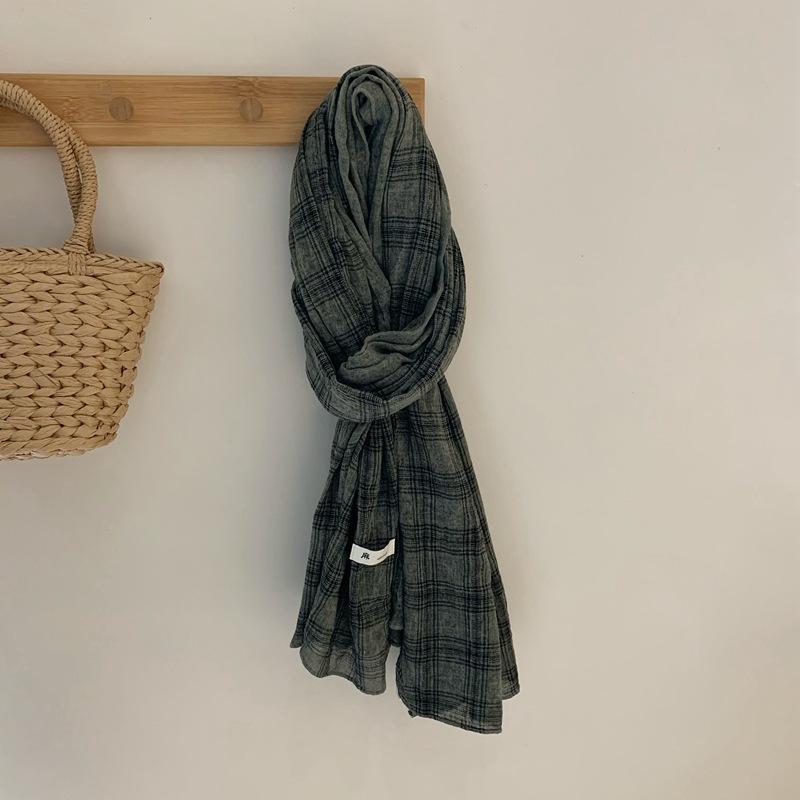 Korean Retro Grid Scarf Women's Autumn New Cotton and Linen Long Style Shawl Scarf
