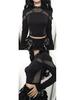 Punk Style Slim Fit Mesh Patchwork Hollow Long Sleeve T-shirt for Women