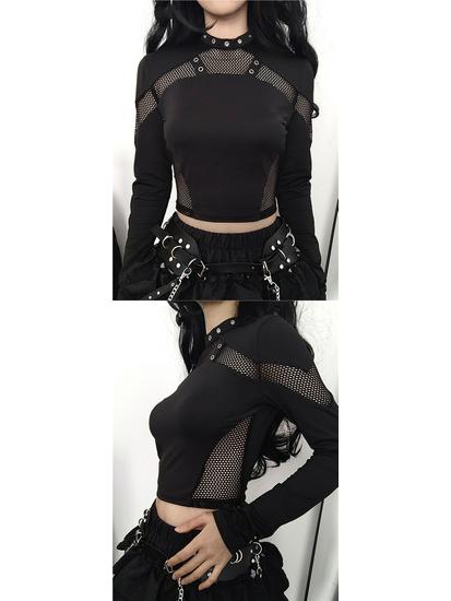 Punk Style Slim Fit Mesh Patchwork Hollow Long Sleeve T-shirt for Women