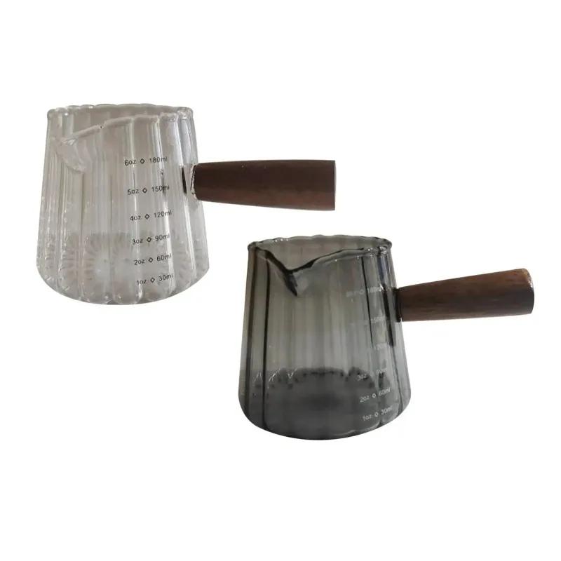 1pcs Wooden Handle Small Milk Coffee Cups Italian Glass Coffee Measuring Cup Vertical Milk Cup, Mini Milk Jar and Cup