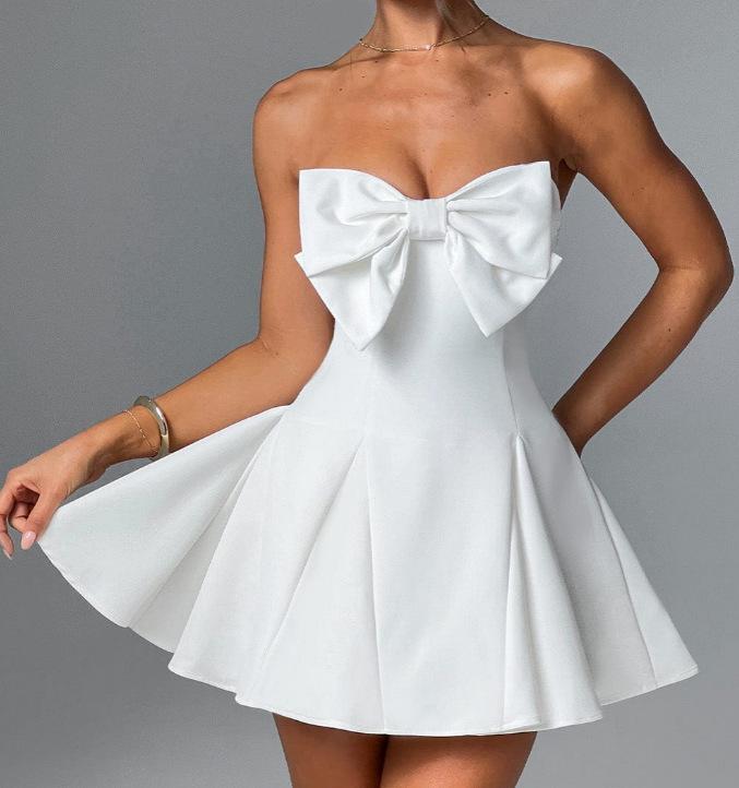 Mini Abito da Donna Senza Spalline Senza Maniche Vita Regolabile Grande Fiocco Linea A Dolce Abito da Festa