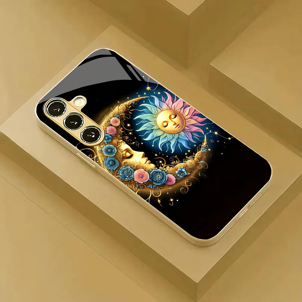 Star Moon Metallic Glass Phone Case Suitable for Samsung Galaxy S26 S25 S24 S22 S21 S20 FE/Ultra/Plus Anti Drop Rear Cover