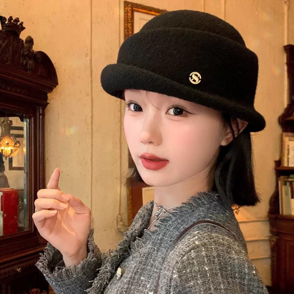 French Hepburn Style Elegant Woolen Hemming Thousand Gold Top Hat Children Autumn And Winter Retro Versatile Face Small Bucket Hat