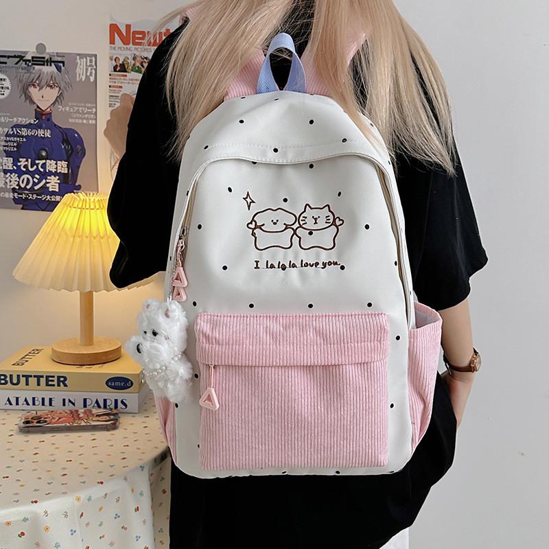 Soft Girl Dot Pattern Nylon Backpack With Cartoon Puppy And Polka Dot Print Designfor Teens And Adults