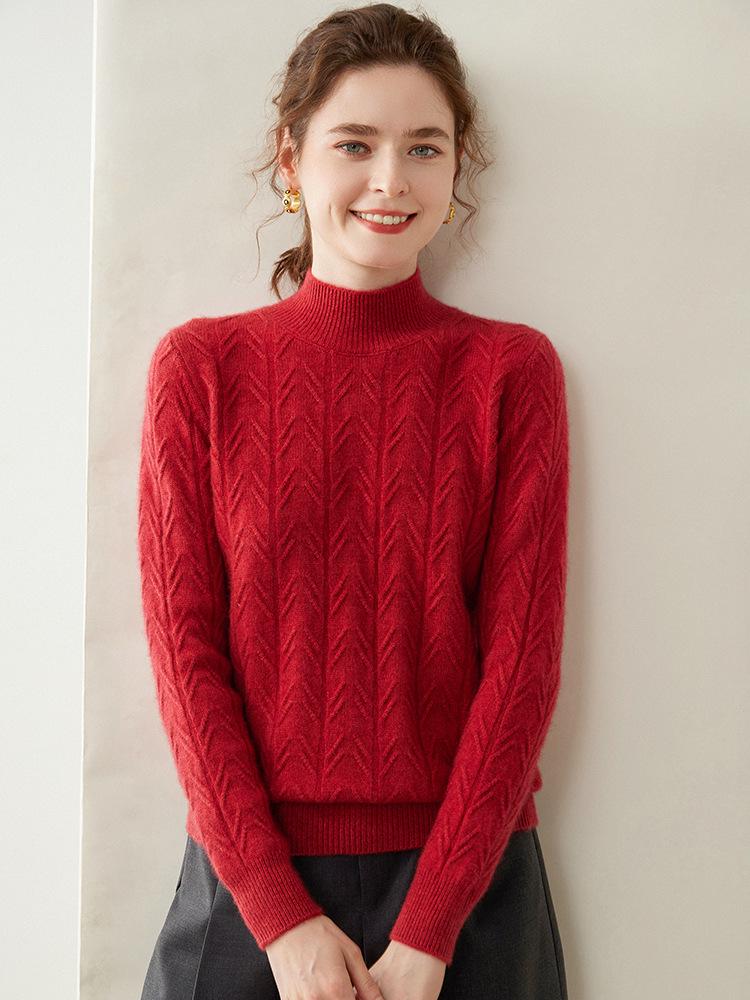 Women's 2025 Double-strand Thick Branch Pattern Half-high Collar Cashmere Wool Knit Sweater