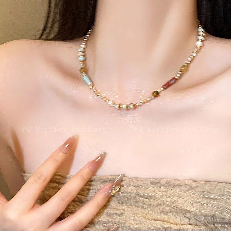 Dopamine Colorful Pebble Necklace: Women's Sweet Layered Clavicle Chain, Versatile Temperament Jewelry