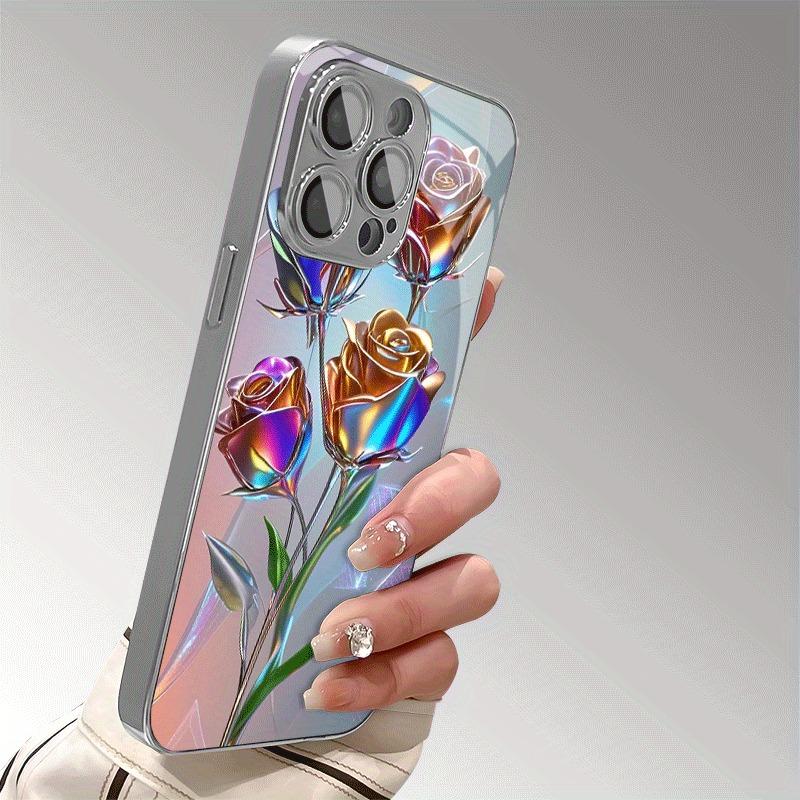 Colorful Art Tulip Pattern Electroplated Glass TPU Phone Case For iPhone 17 16 Pro Max 15 Pro 14 Plus 13 12 11 17 Air 16E Cover