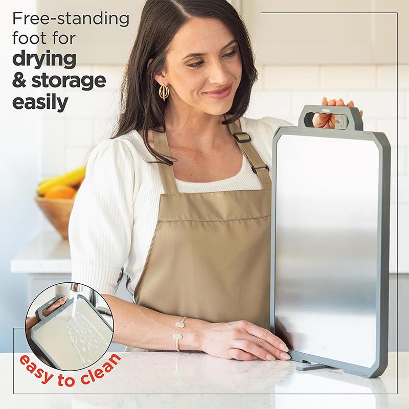 LMETJMA Large Stainless Steel Chopping Board Non Toxic Double-Sided Metal Cutting Board with Ceramic Sharpener For Kitchen JT506