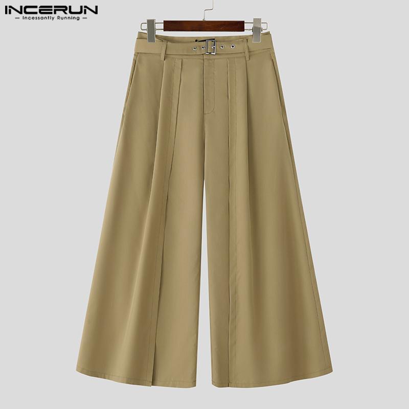 INCERUN Men Zip-up High Waist Double Layers Casual Long Wide Legs Pants Trousers