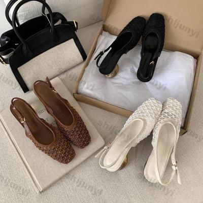 Sandálias Femininas de Verão Nova Cabeça Quadrada Tecido Salto Médio Bloco Sandálias Elegantes Luxo Vazado Respirável Sapatos Casuais