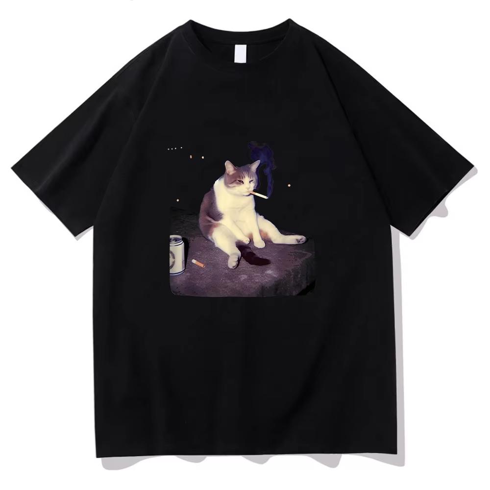 Funny Smoking Cat Meme Tshirt Cigarette Cat Print Clothing Stupid Brainrot Gift pure Cotton Tee Cat Lover Top Unisex S