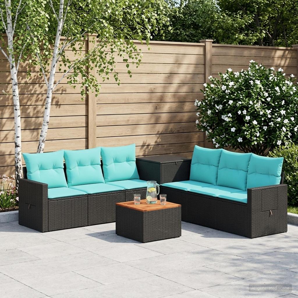 Sofa Set 8 Pcs. Black and Blue Poly Rattan and Steel