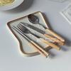 Simple INS wooden handle chopsticks knife fork spoon tableware set stainless steel Japanese style student portable love