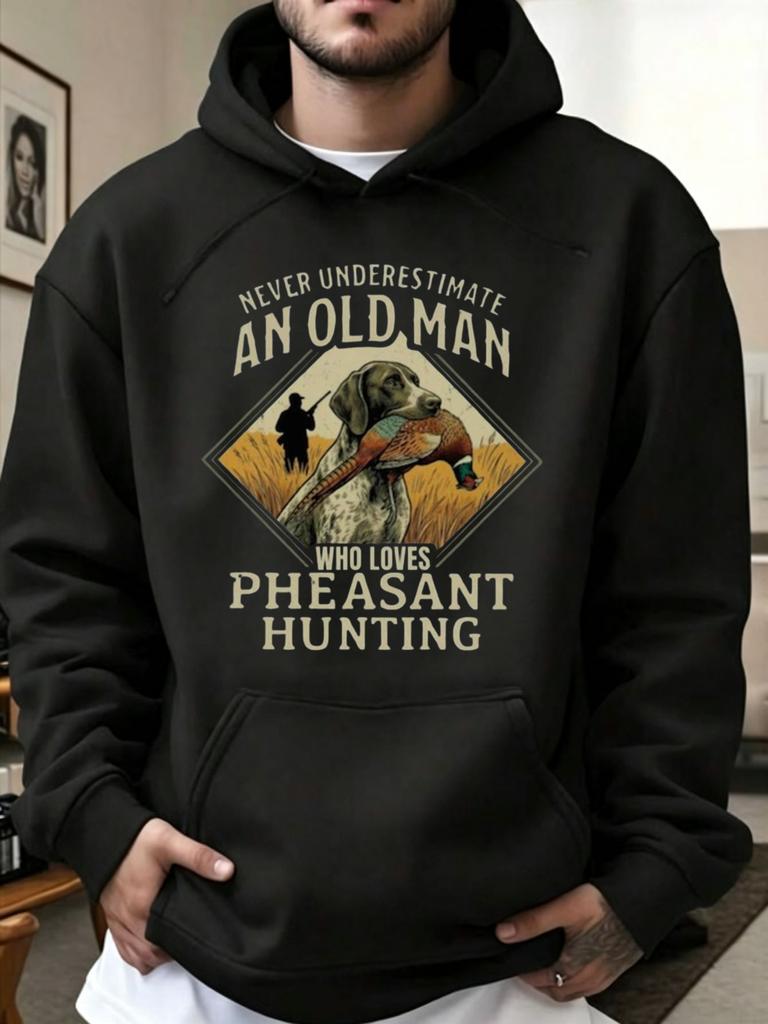 Vintage Hunting Hoodie with Pheasant Hunter Graphic & "Never Underestimate an Old for Man" Slogan - Warm Suitable for Father, Gran