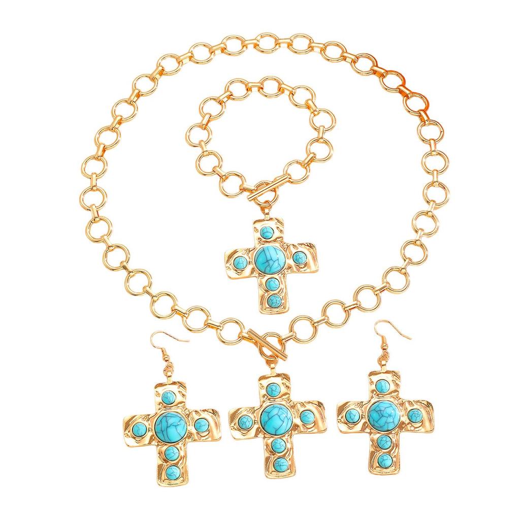 European & American Turquoise Rhinestone Jewelry Set: Necklace, Earrings, Bracelet Pendant for Women