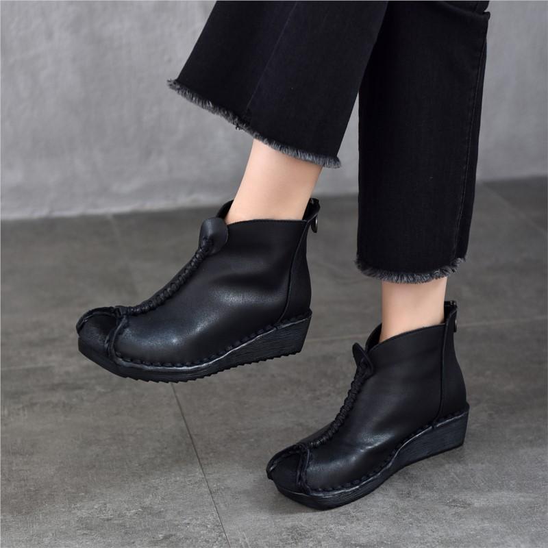 Johnature Versatile Genuine Leather Women's Wedges Shoes Retro Cowhide Soft Soled Short Boots