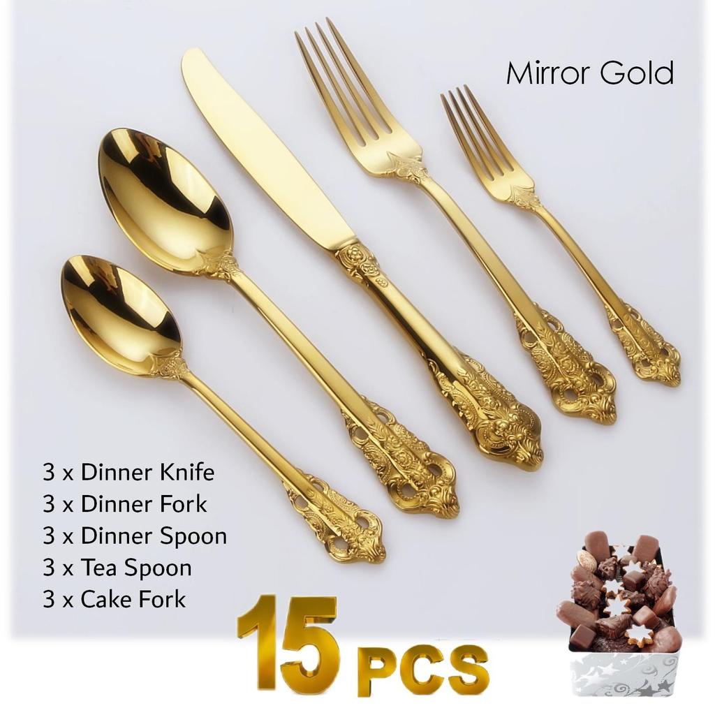 Gorgeous Gold-Plated Cutlery Set 5/10/15/20/25/30 PCS Luxury Stainless Steel Flatware Set Baroque Hollow Handle Dinner Knife