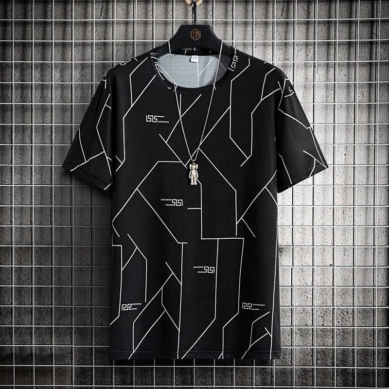 Men Ice Silk T-shirts Summer O-neck Short Sleeves Casual Shirts Oversized Geometric Graphic Print Tees Soft Breathable Cool Tops